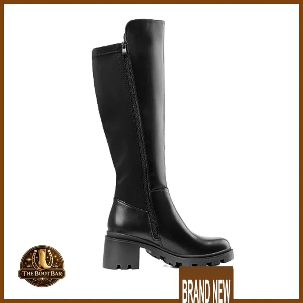 Knee High Platform Boots Stretch Round Toe Chunky Y2K Retro Chic Everyday - Picture 3 of 7